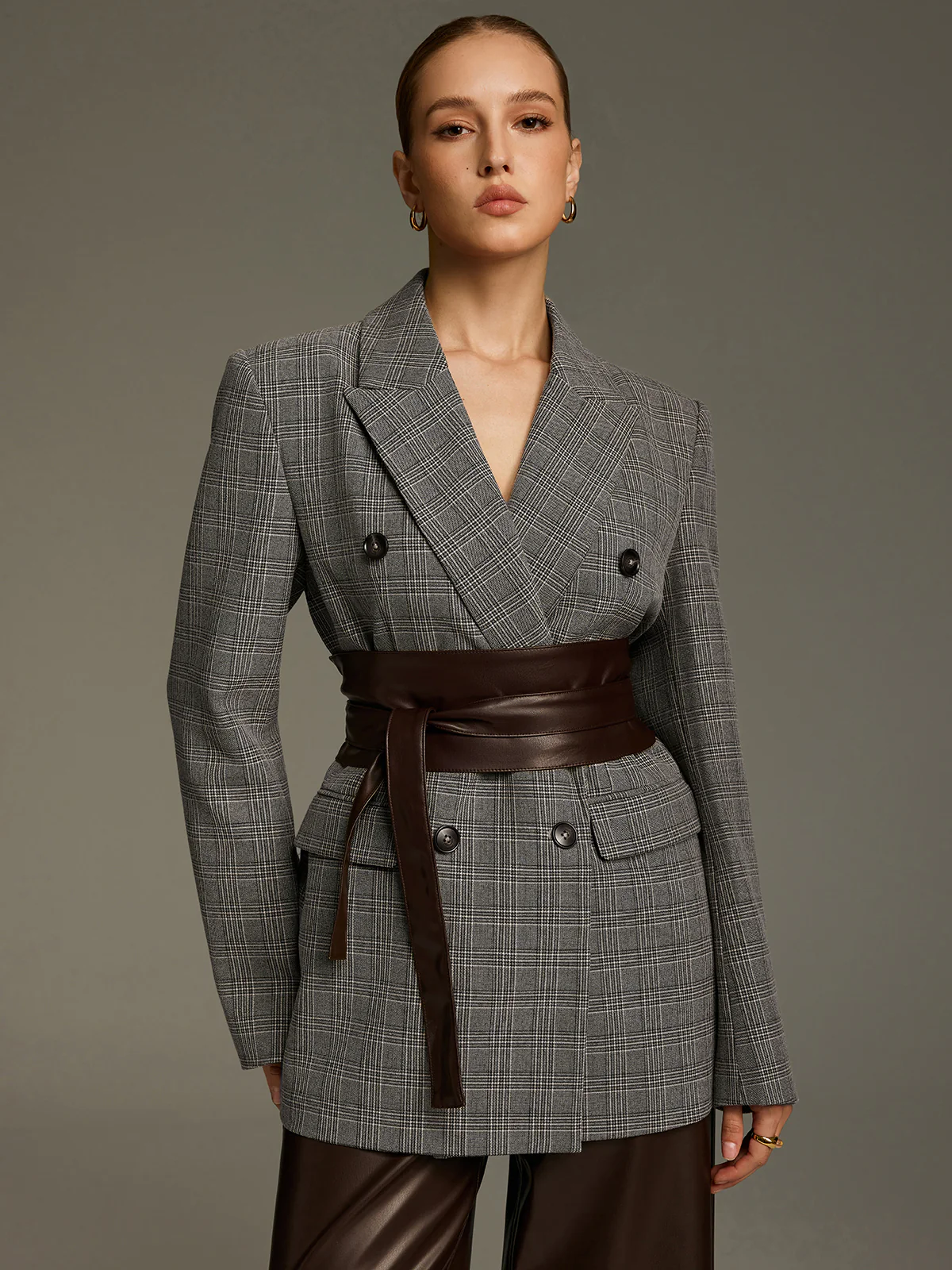 Plaid Double-Breasted Blazer with Waist Belt - Image 2