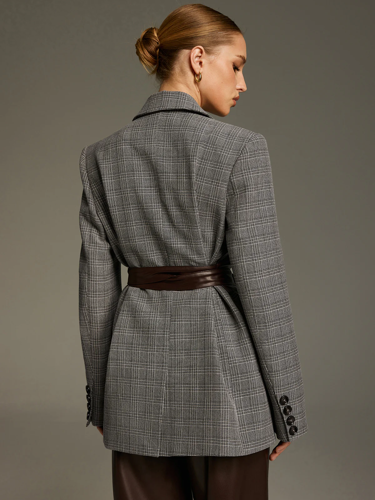 Plaid Double-Breasted Blazer with Waist Belt - Image 5