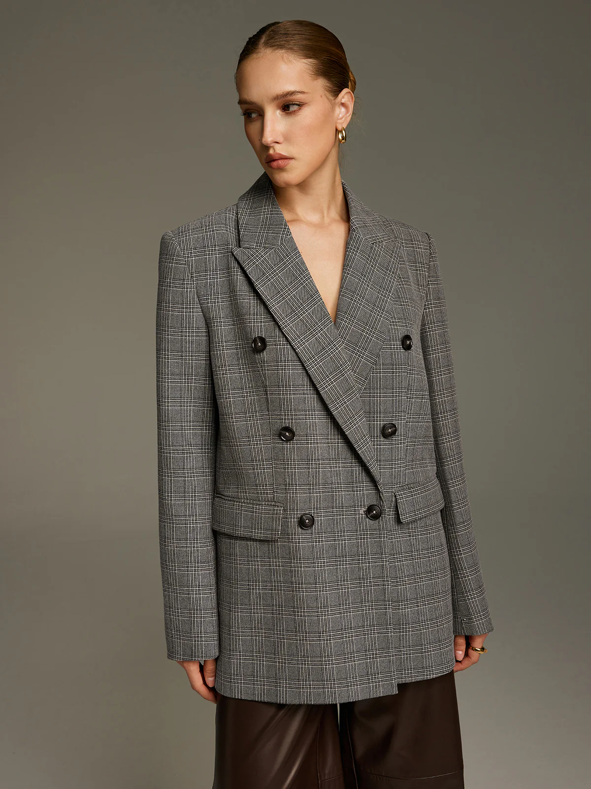 Plaid Double-Breasted Blazer with Waist Belt - Image 6