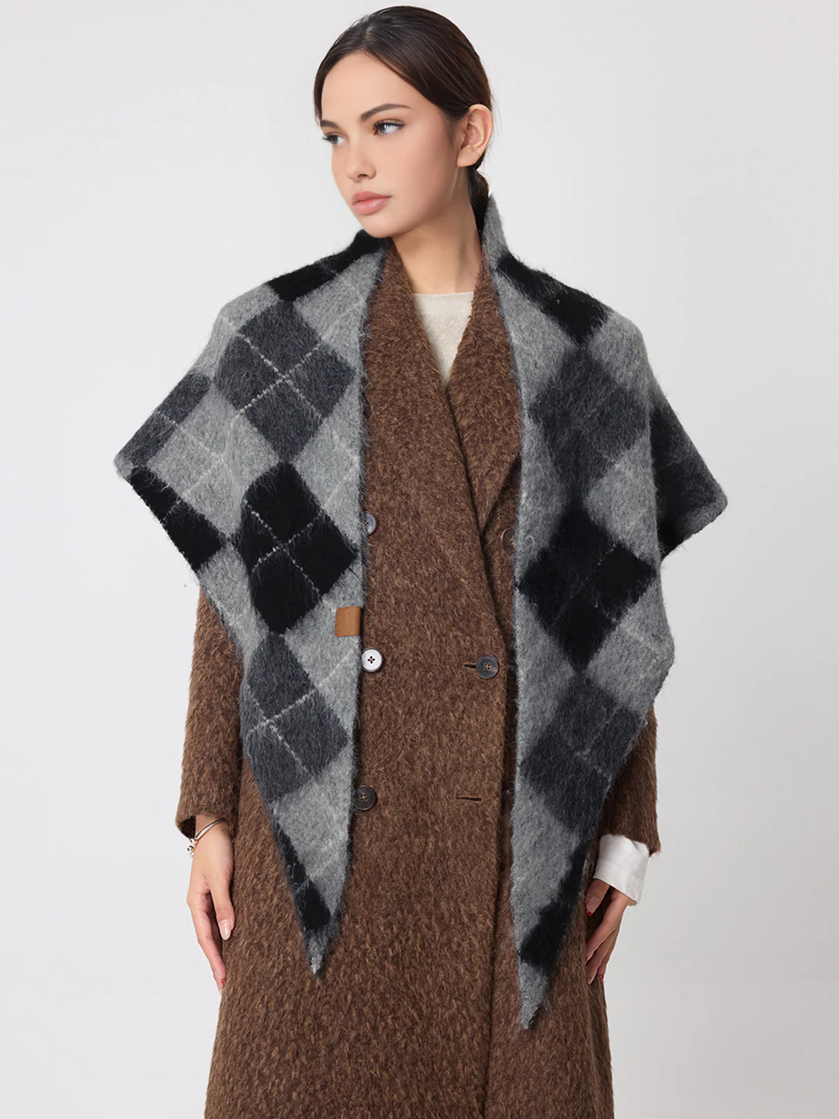 Wool Blend Plaid Knit Triangle Scarf - Image 4