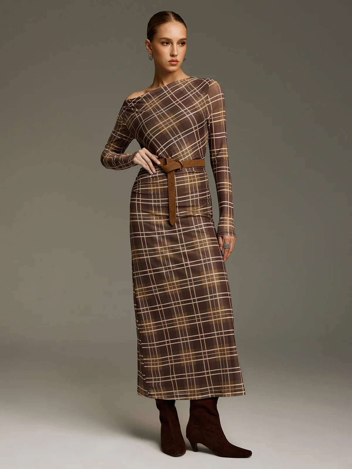 Plaid Mesh Off-Shoulder Maxi Dress without Belt - Image 3
