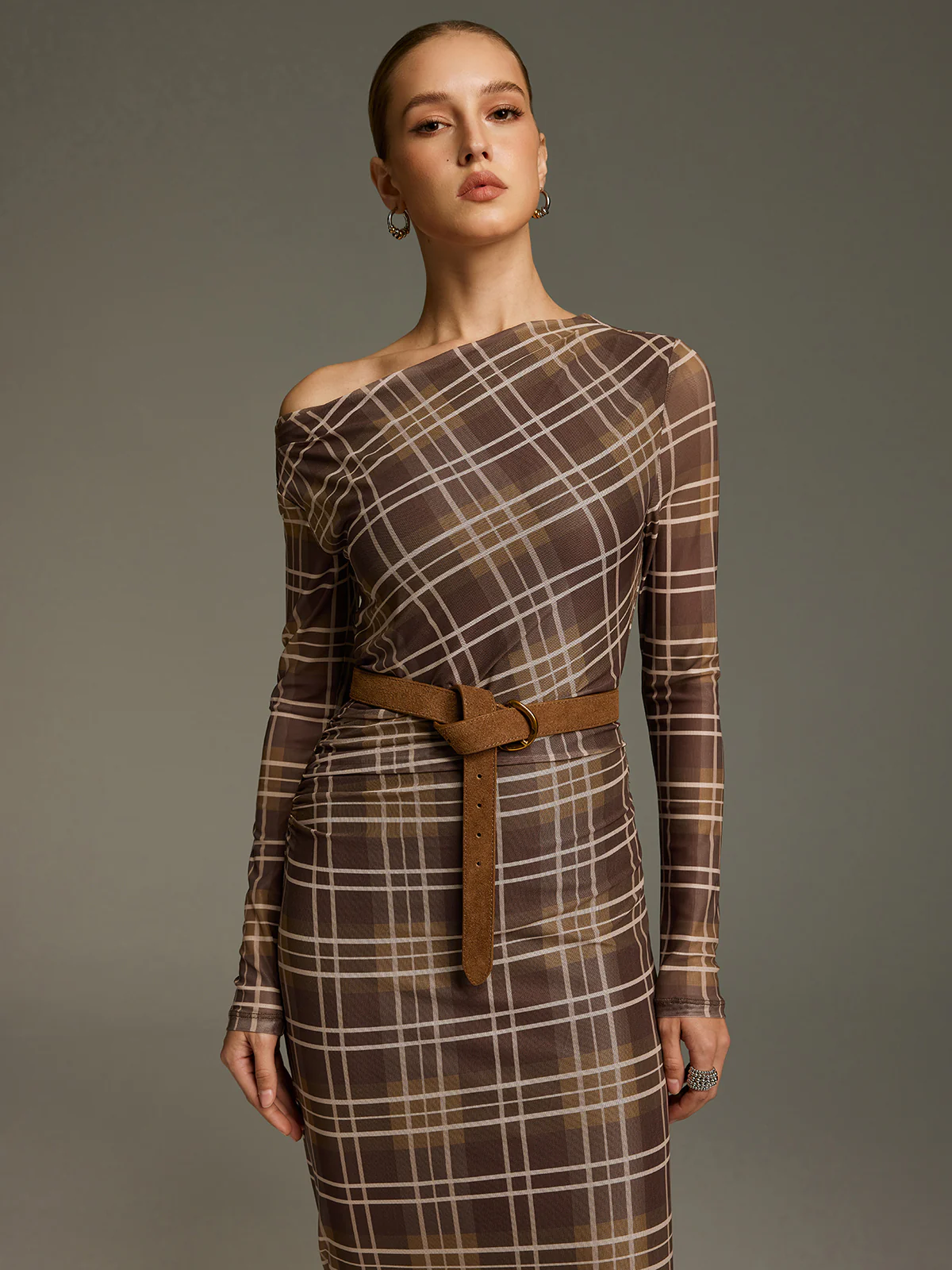 Plaid Mesh Off-Shoulder Maxi Dress without Belt - Image 4