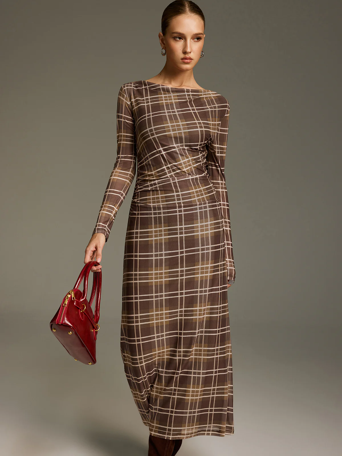 Plaid Mesh Off-Shoulder Maxi Dress without Belt - Image 5
