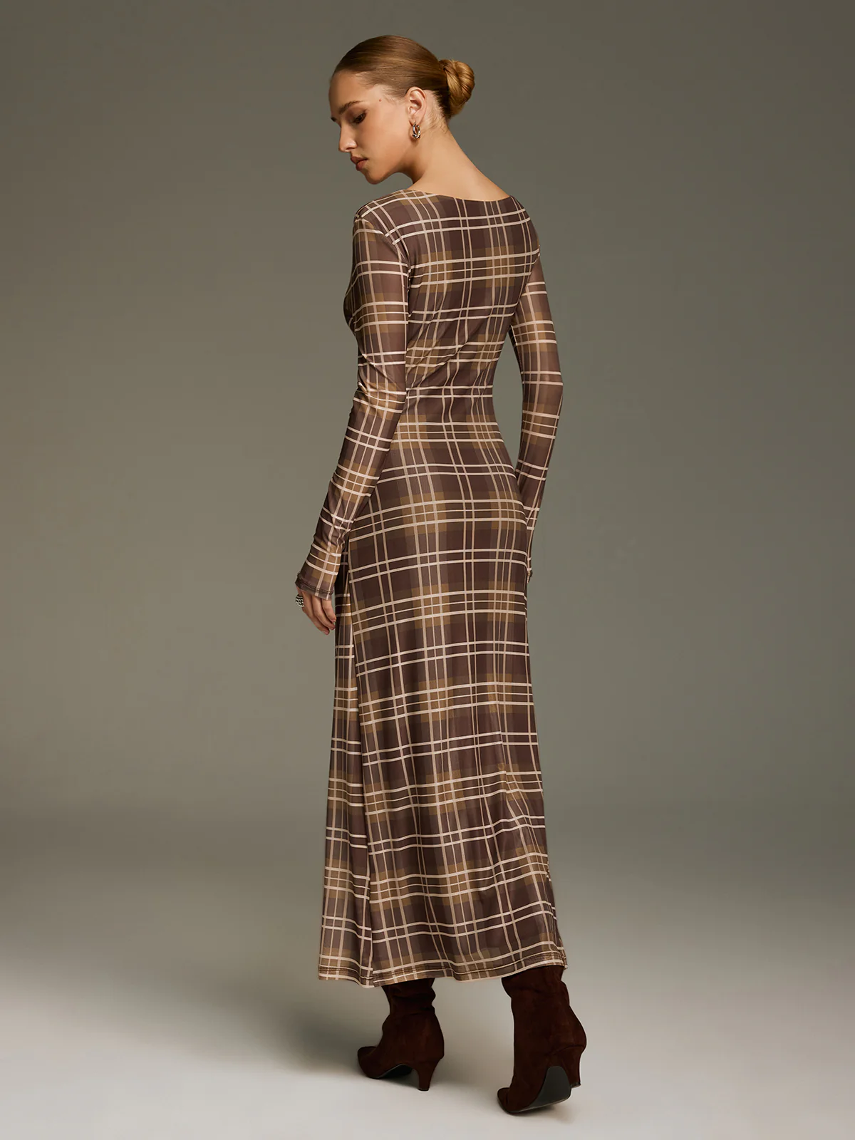 Plaid Mesh Off-Shoulder Maxi Dress without Belt - Image 6