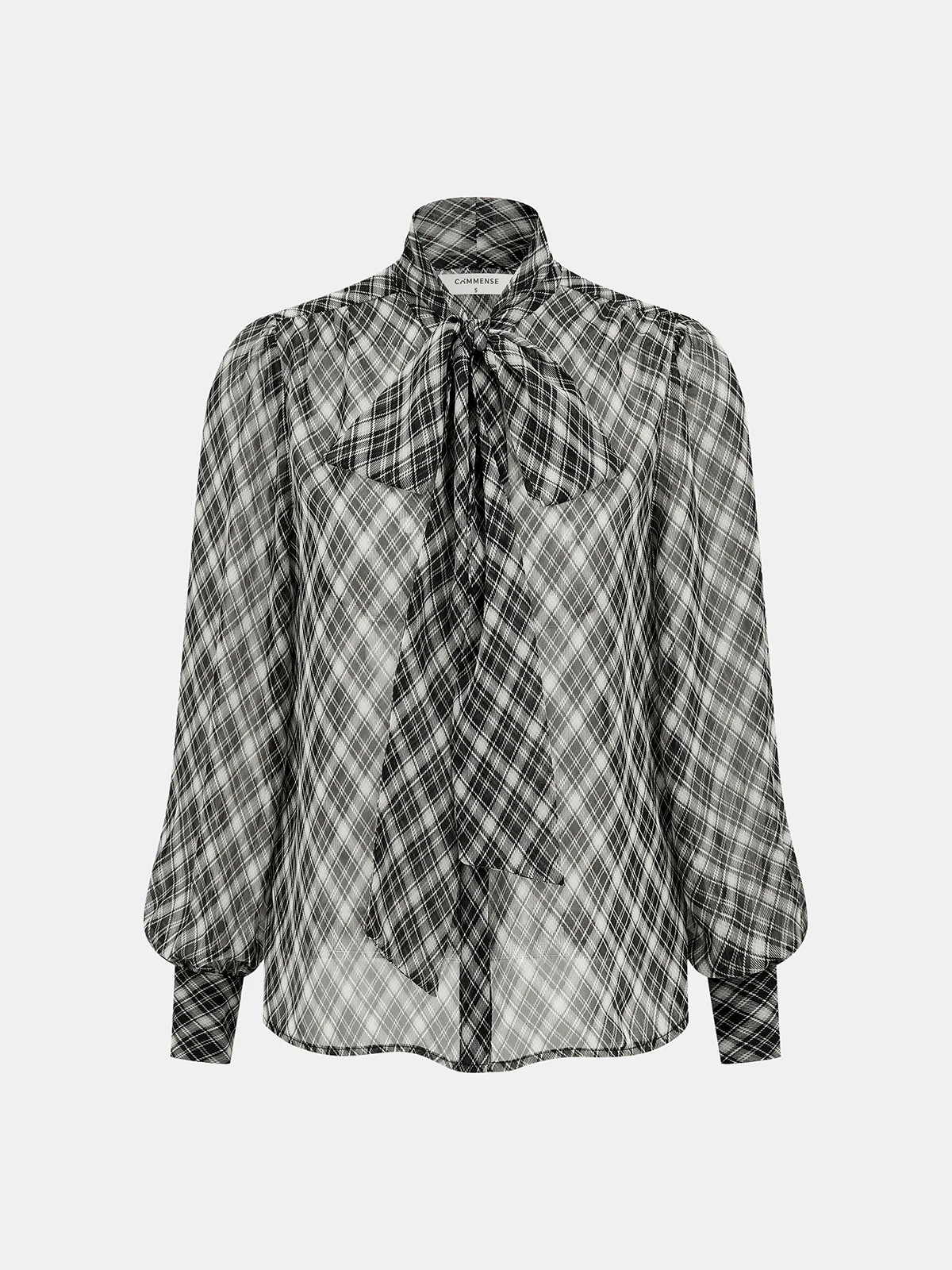 Plaid Sheer Chiffon Tie-Neck Blouse