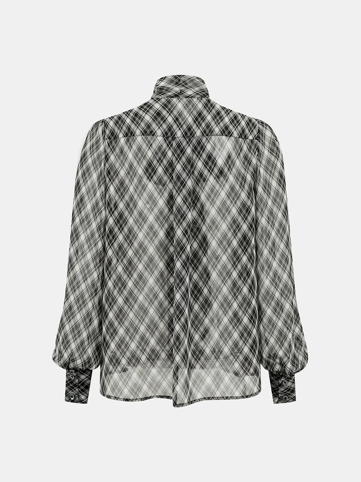 Plaid Sheer Chiffon Tie-Neck Blouse - Image 2