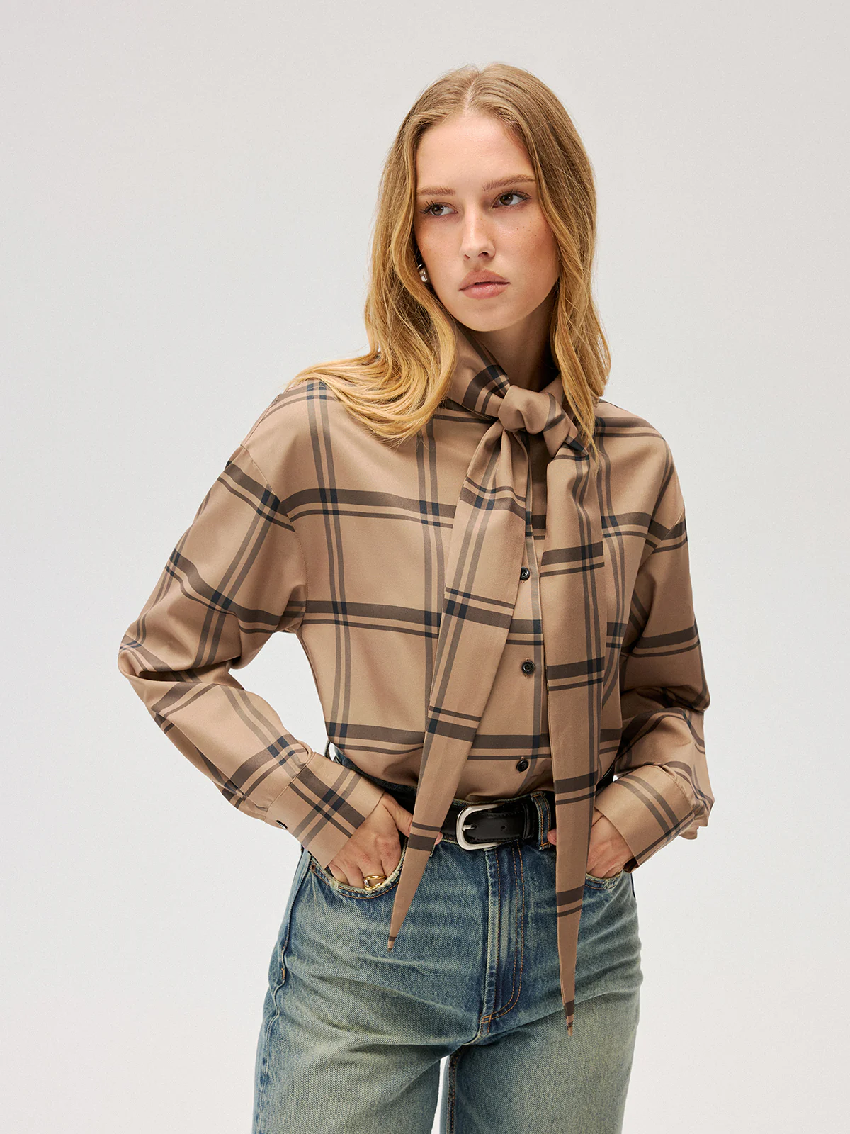Plaid Tie Neck Shirt