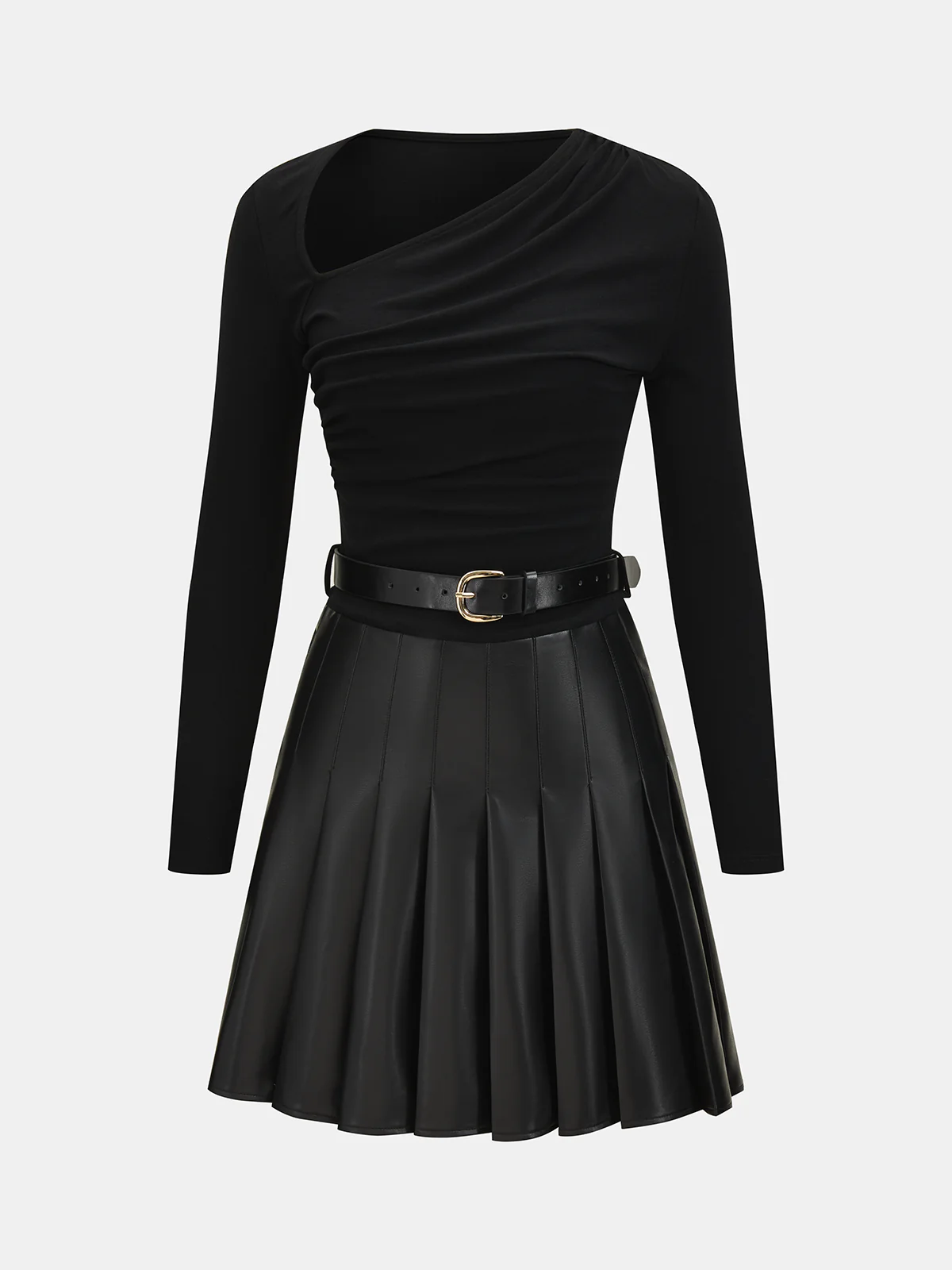 Pleated Faux Leather Panel Asymmetric Ruched Mini Dress