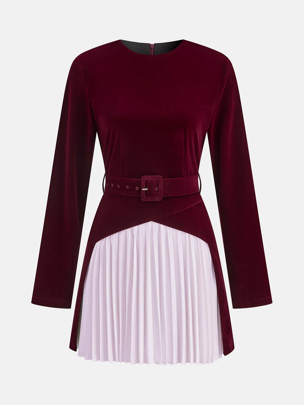 Pleated Panel Velvet Mini Dress with Belt - Image 5