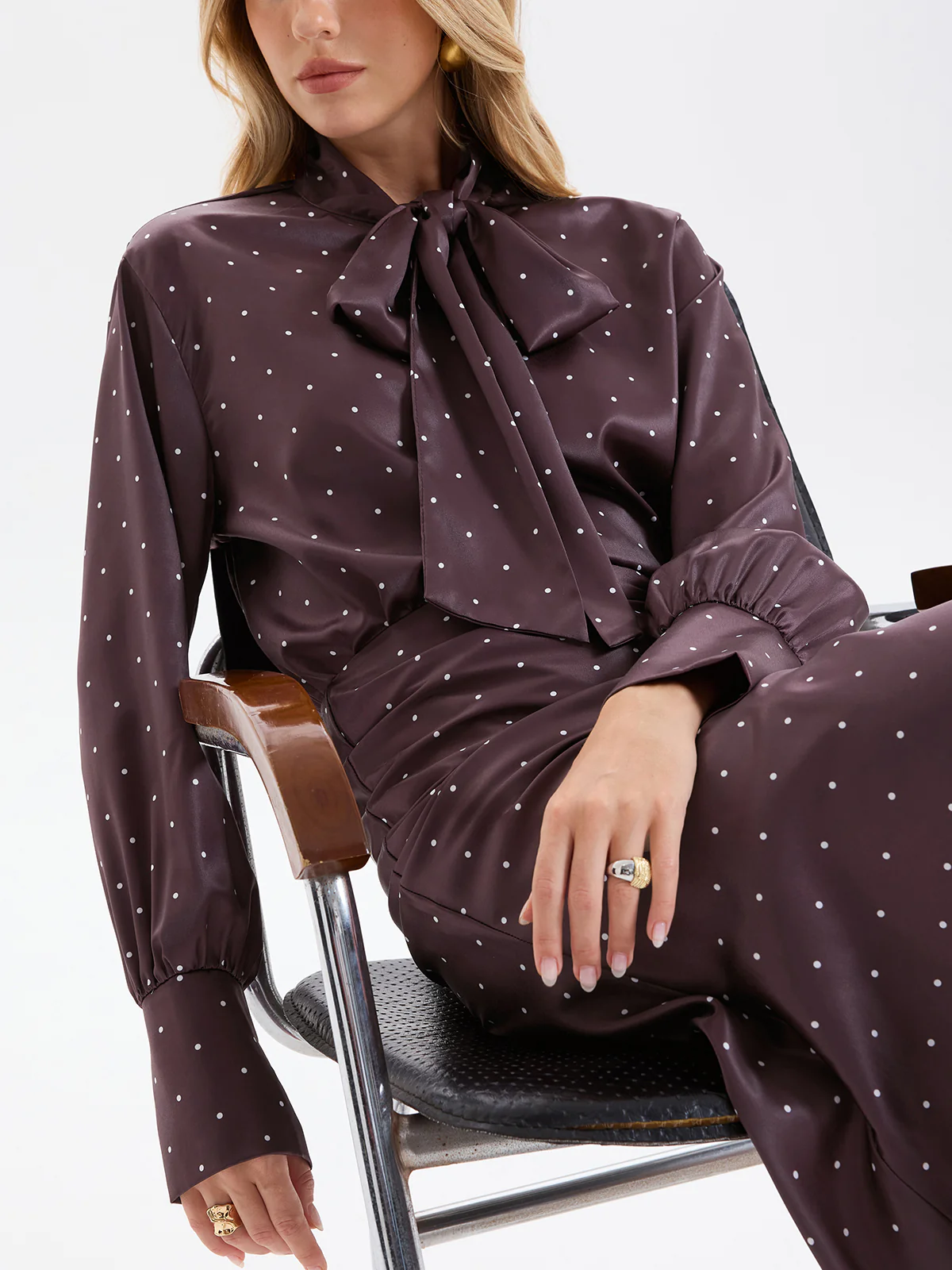 Polka Dot Bow-Tie Blouse and Midi Skirt set - Image 5