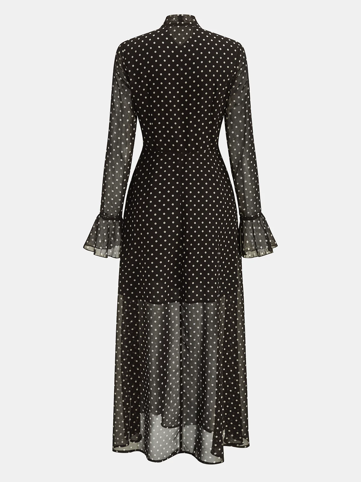 Polka Dot Chiffon Tie-Neck Flared Cuff Maxi Dress - Image 3