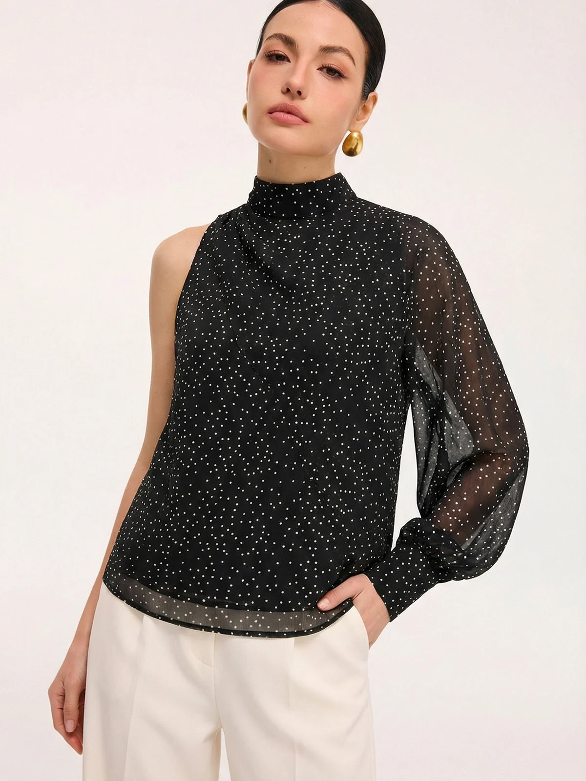 Polka Dot One Shoulder Sheer Mock Neck Blouse