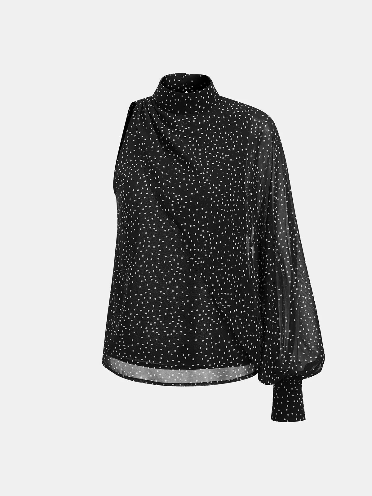 Polka Dot One Shoulder Sheer Mock Neck Blouse - Image 2