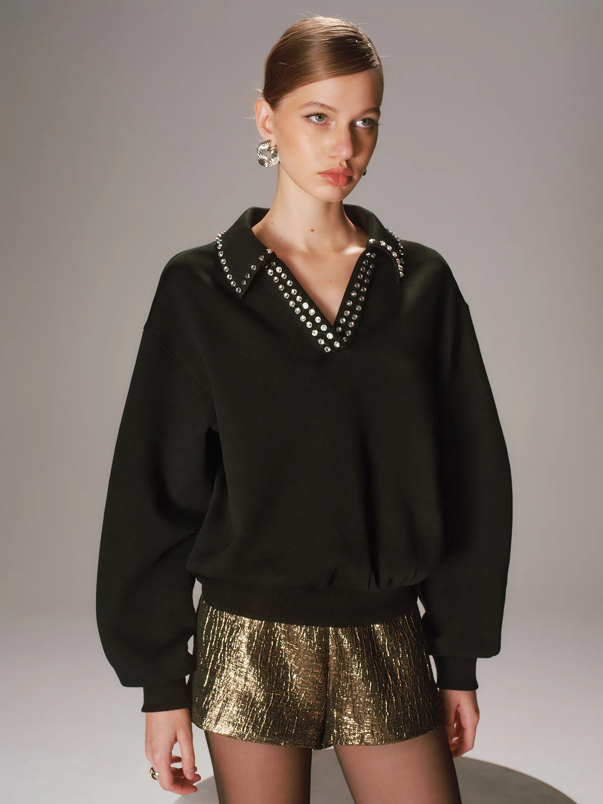 Rhinestone Collar Long-Sleeve Sweatshirt - Image 5