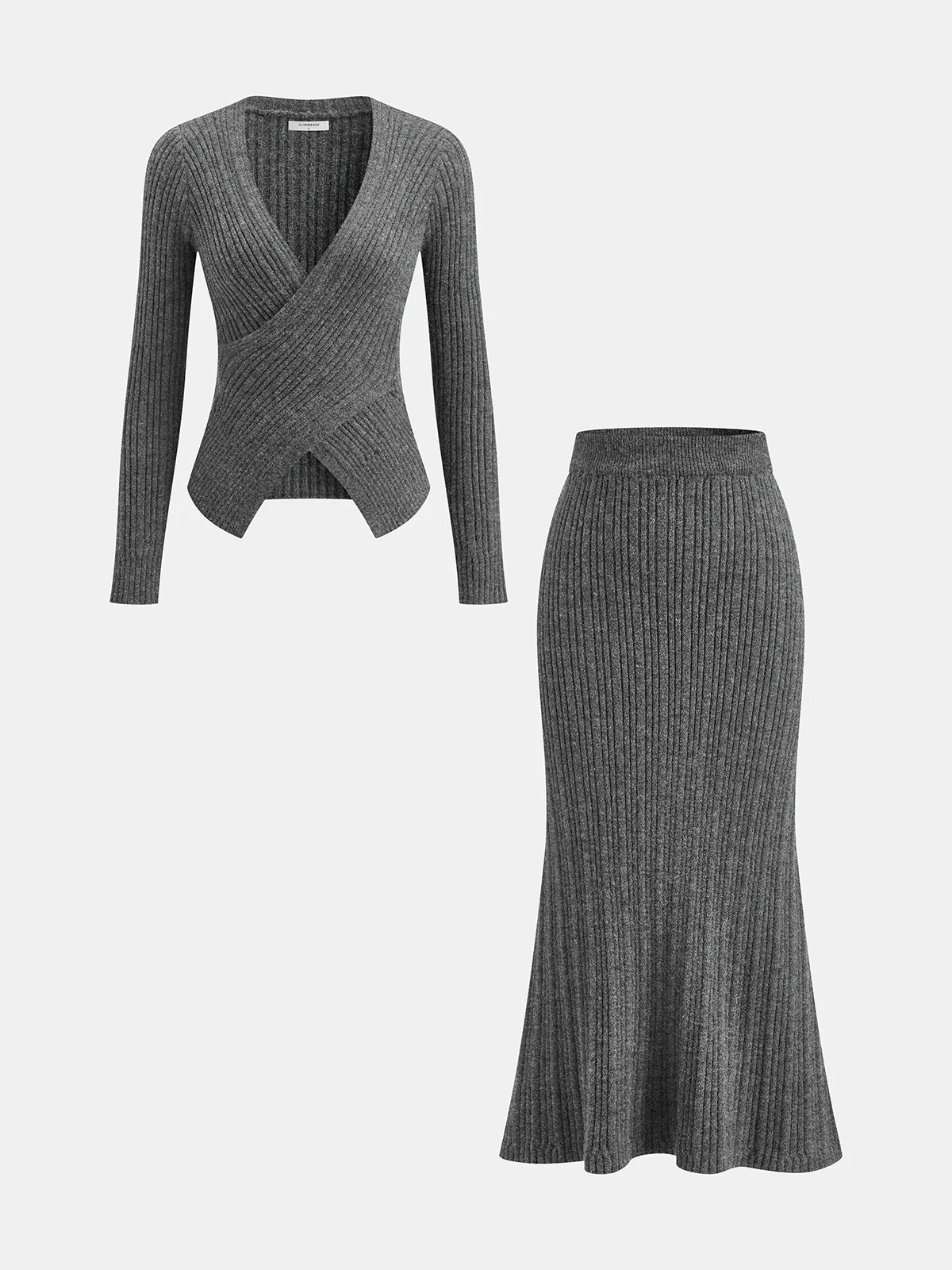 Ribbed Knit Cross-Front Top and Mermaid Skirt Set