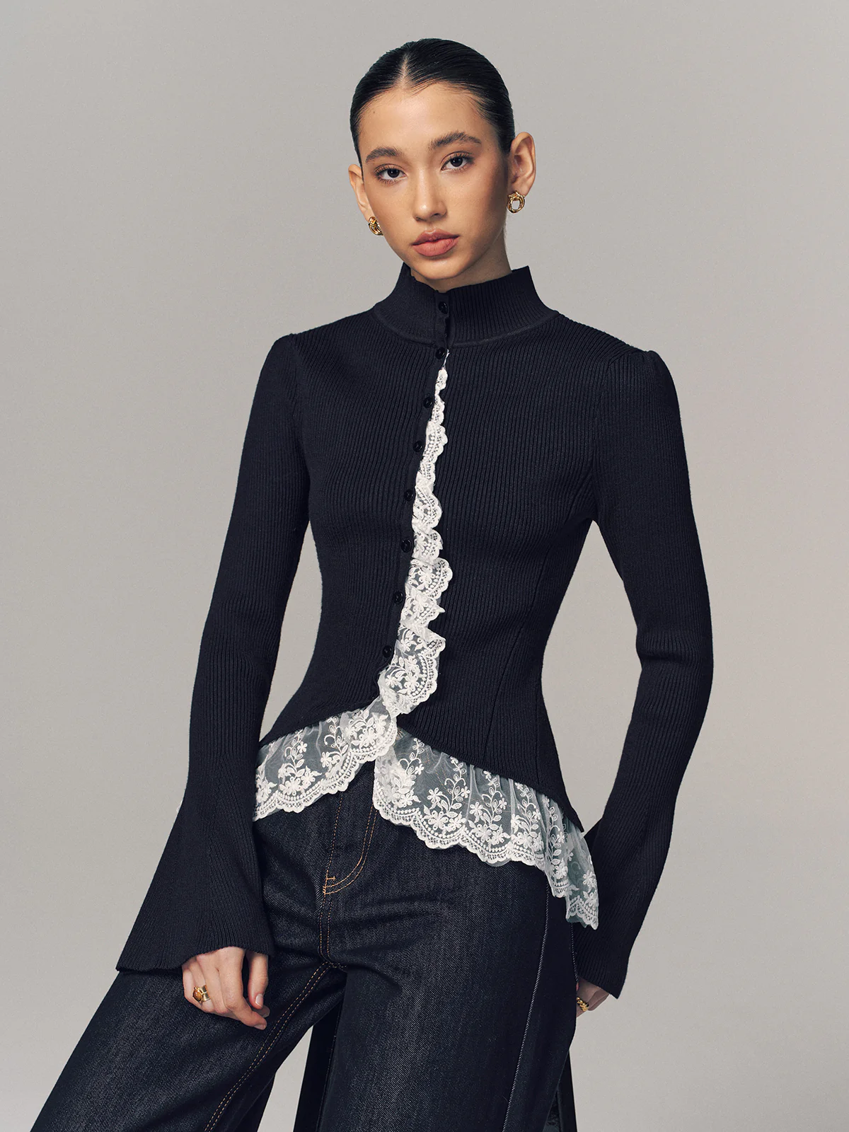 Ribbed Mock Neck Lace Trim Cardigan - Image 3