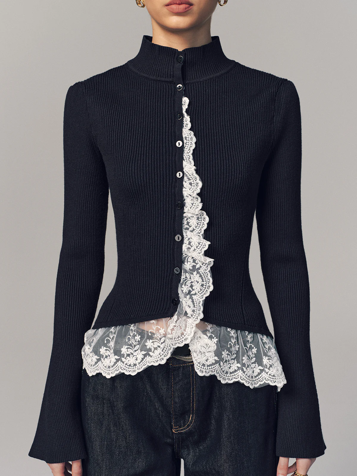 Ribbed Mock Neck Lace Trim Cardigan - Image 4