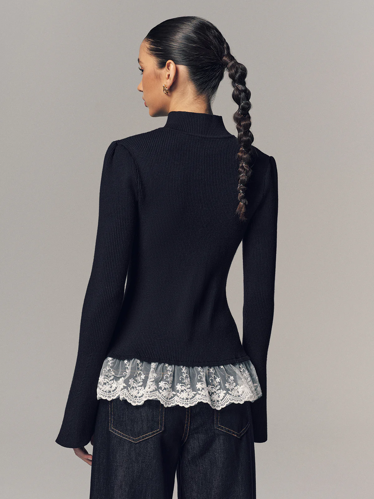 Ribbed Mock Neck Lace Trim Cardigan - Image 6