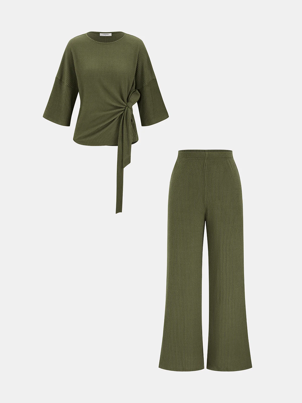 Ribbed Twist-Front Top & Wide-Leg Pants Set