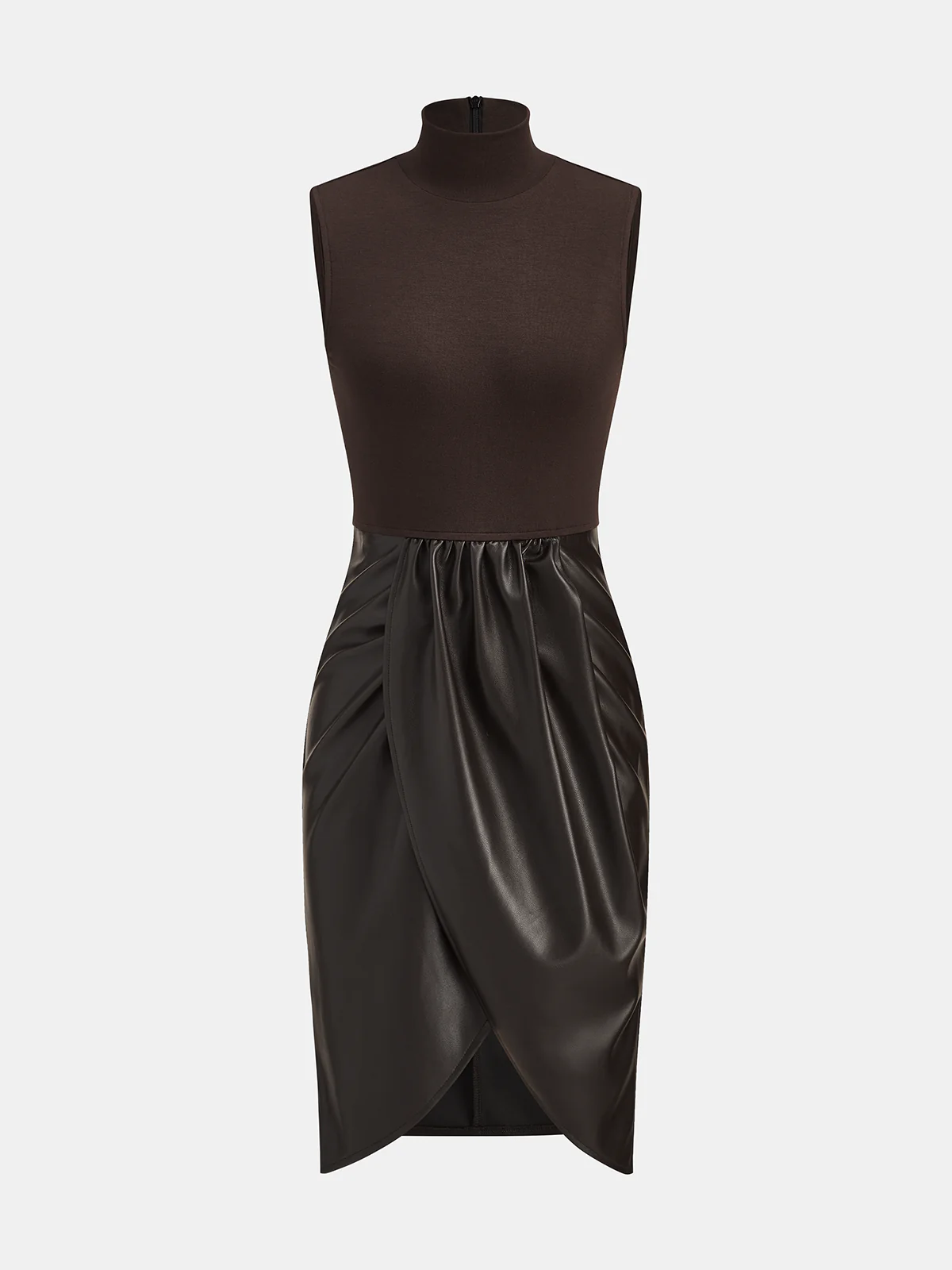 Ruched Faux Leather Panel Sleeveless Dress