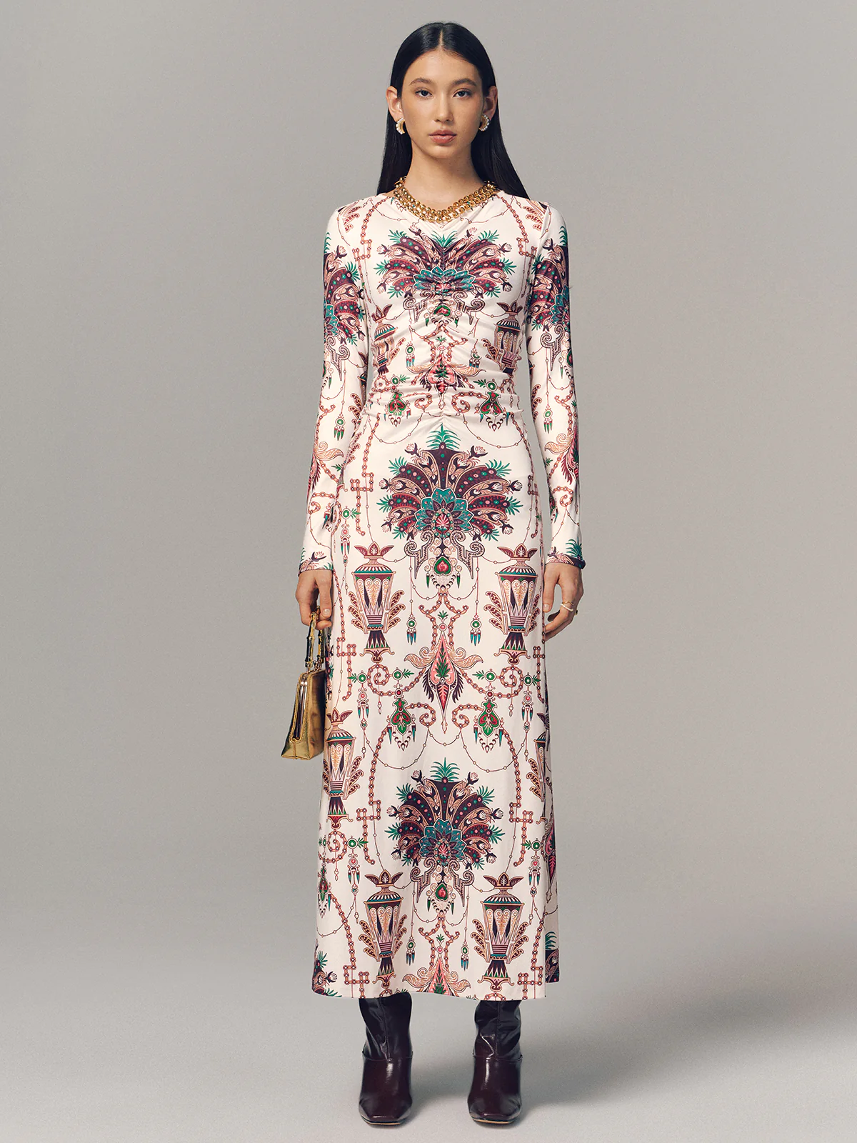 Ruched Printed Long-Sleeve Maxi Dress - Image 4