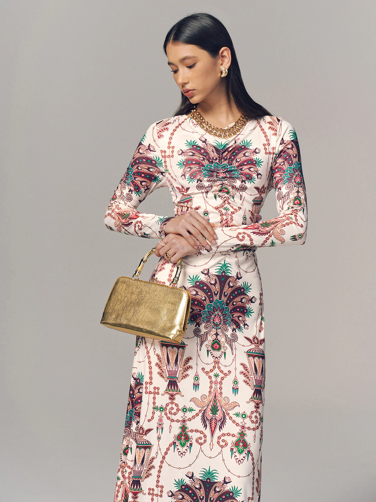 Ruched Printed Long-Sleeve Maxi Dress - Image 6