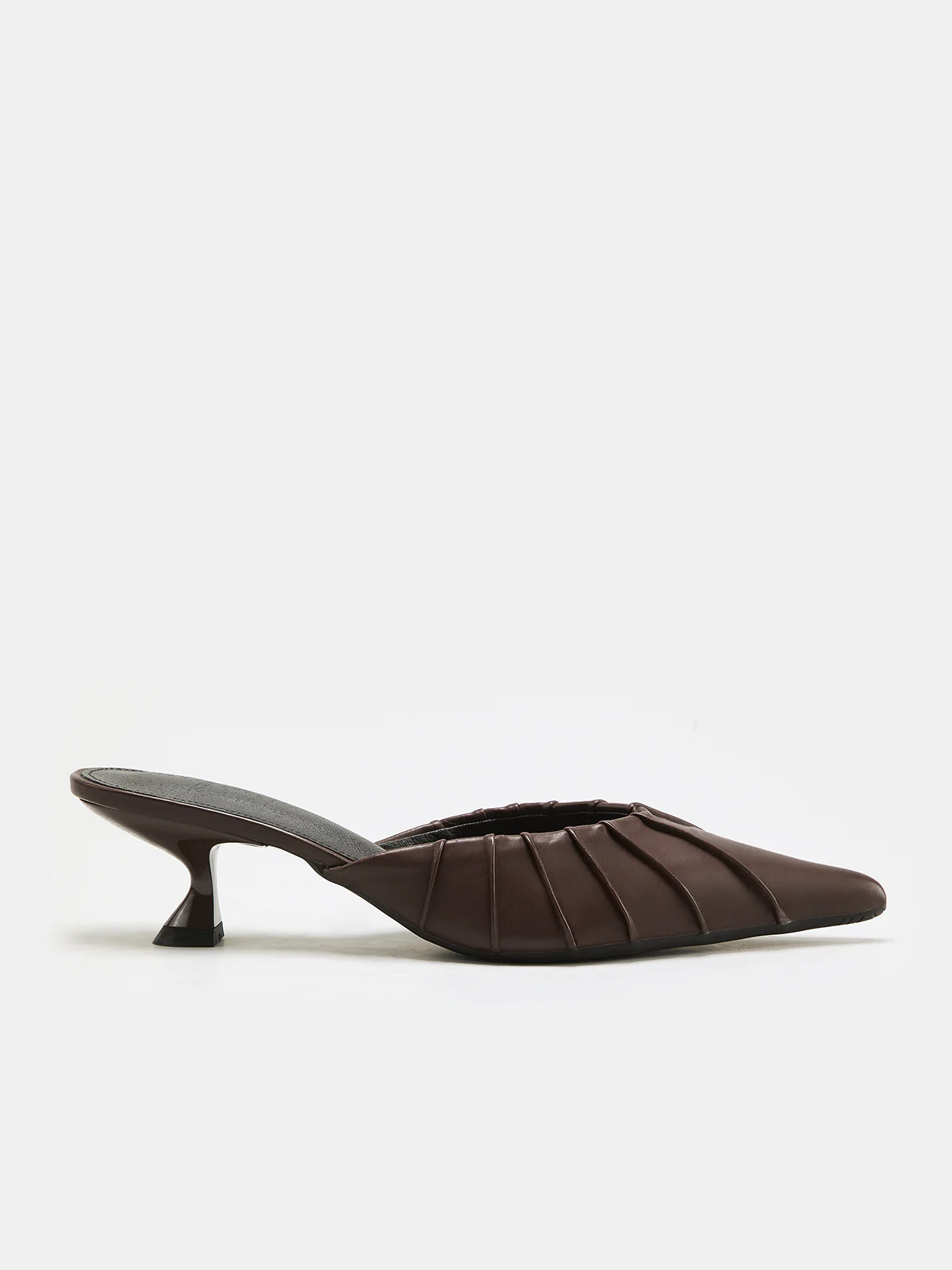 Ruched Vamp Detail Leather Pointed Toe Mules