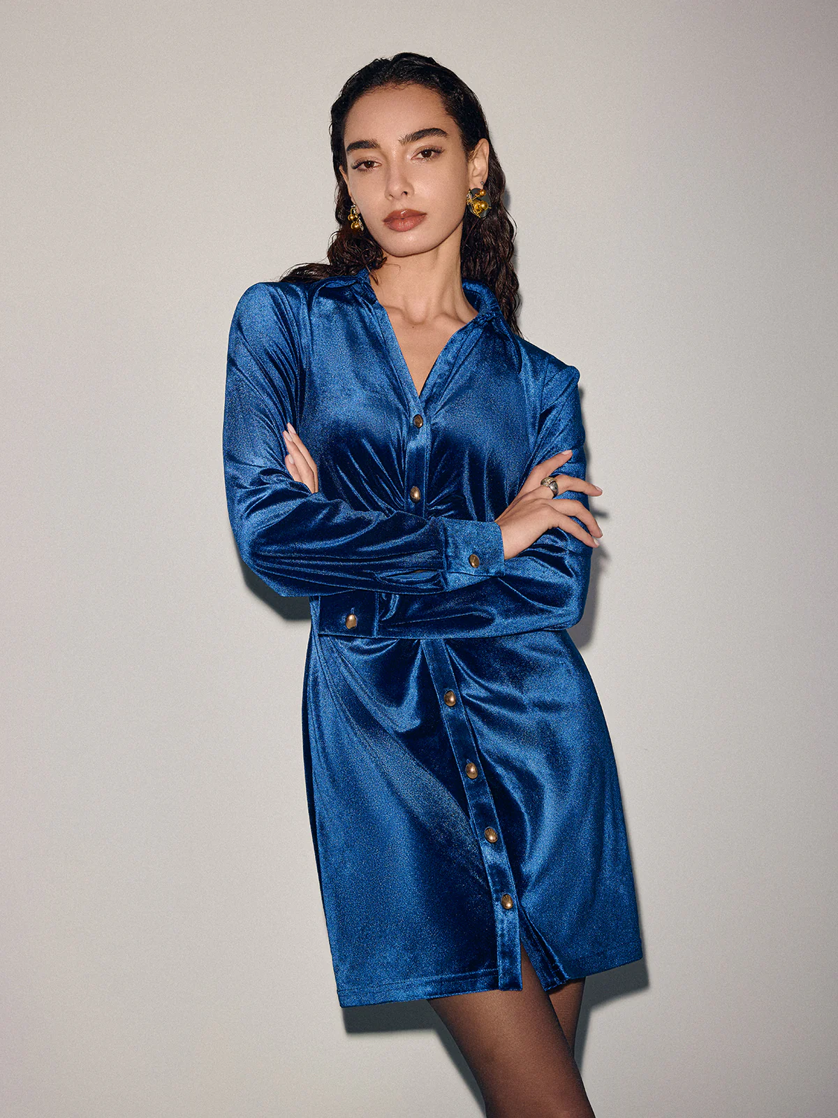 Ruched Velvet Shirt Dress - Image 6