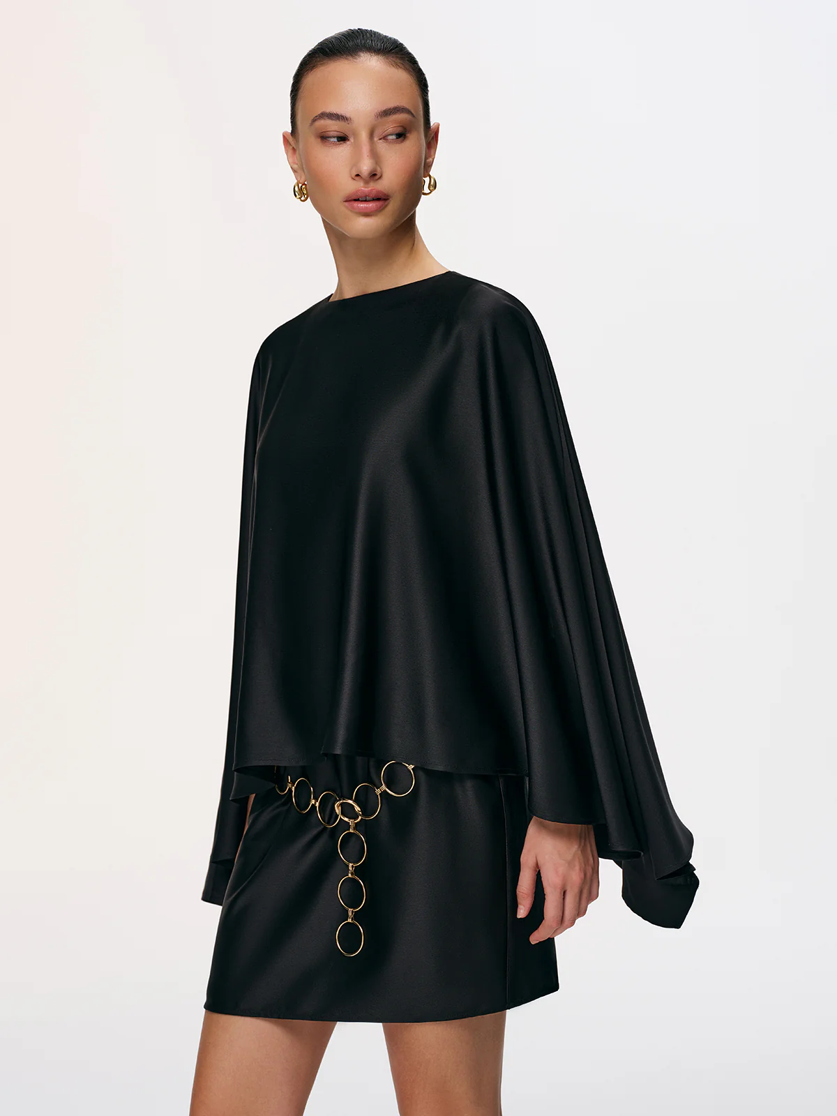 Satin Cape Sleeve Mini Dress with Chain Belt - Image 3