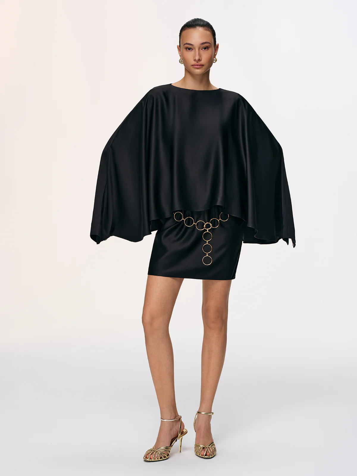 Satin Cape Sleeve Mini Dress with Chain Belt - Image 4