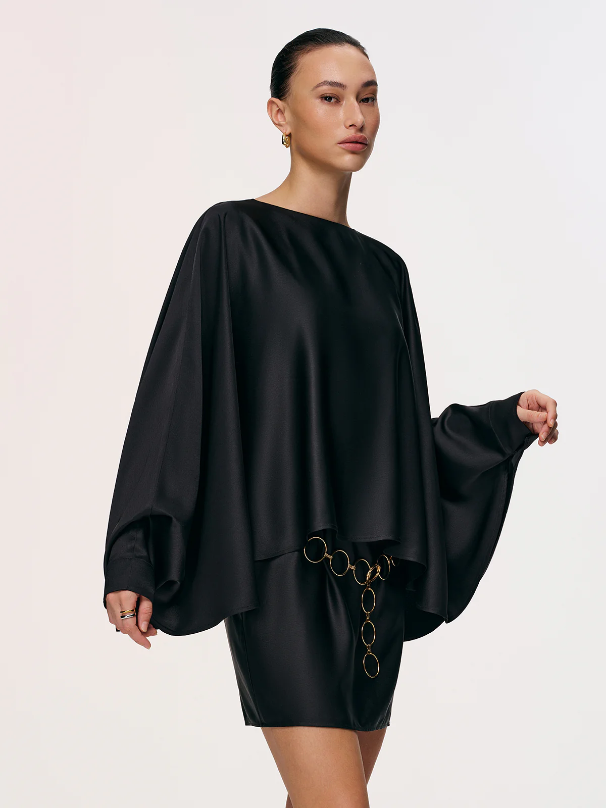 Satin Cape Sleeve Mini Dress with Chain Belt - Image 5