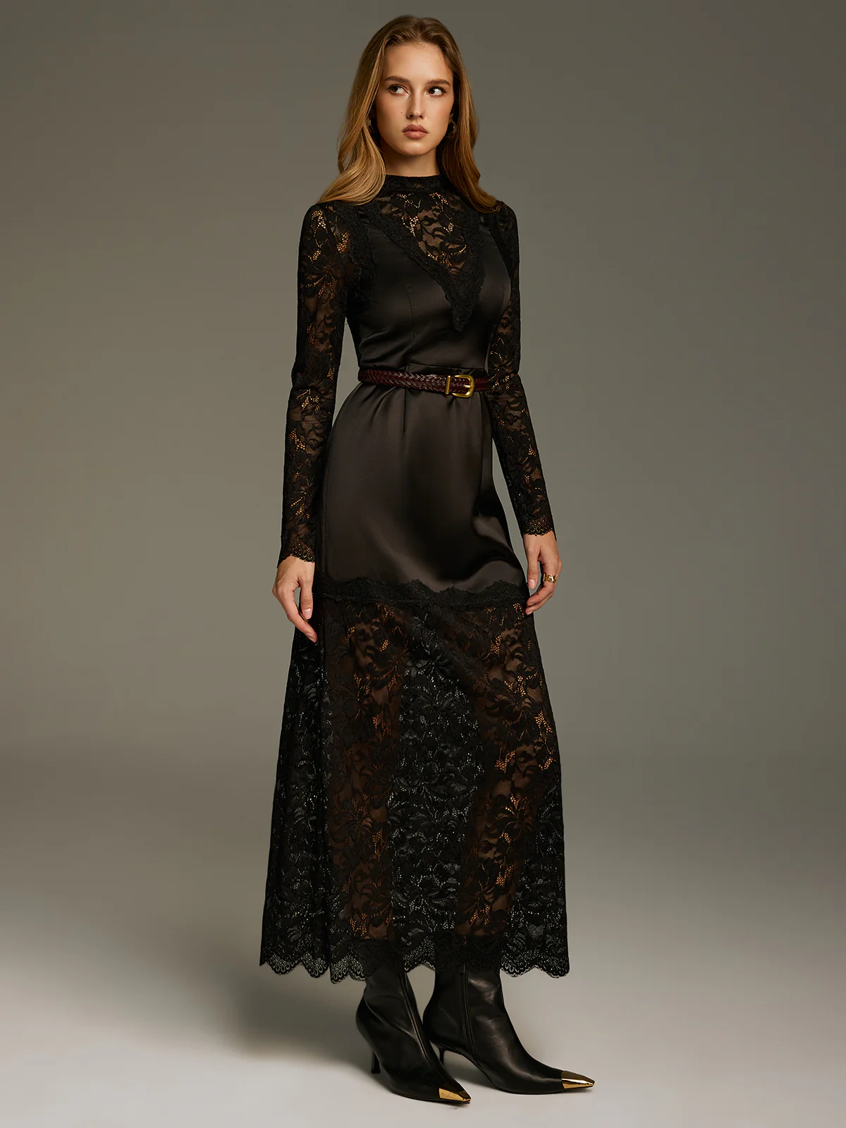 Satin-Lace Paneled Maxi Dress without Belt - Image 4