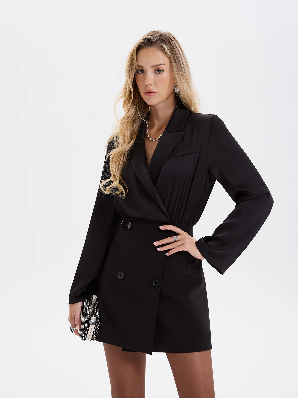 Satin-Paneled Double-Breasted Blazer Dress - Image 3
