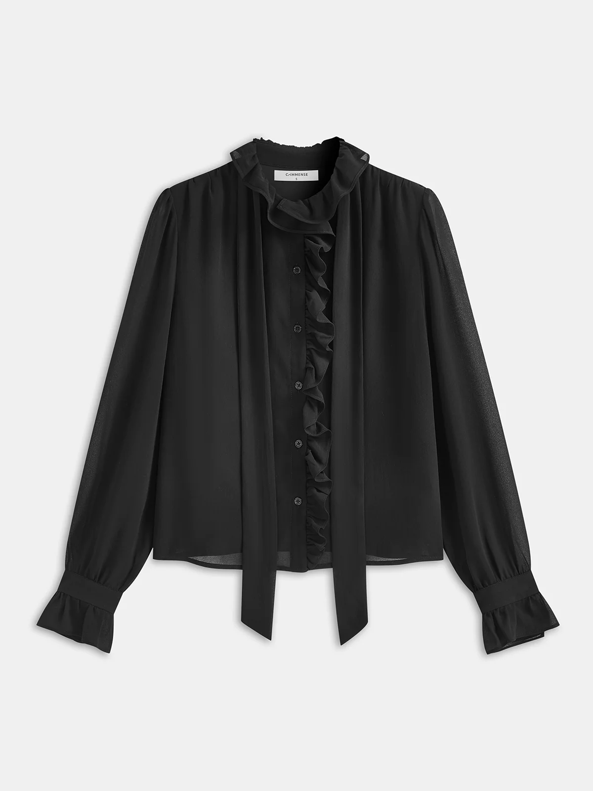 Semi-Sheer Chiffon Ruffle Tie-Neck Top