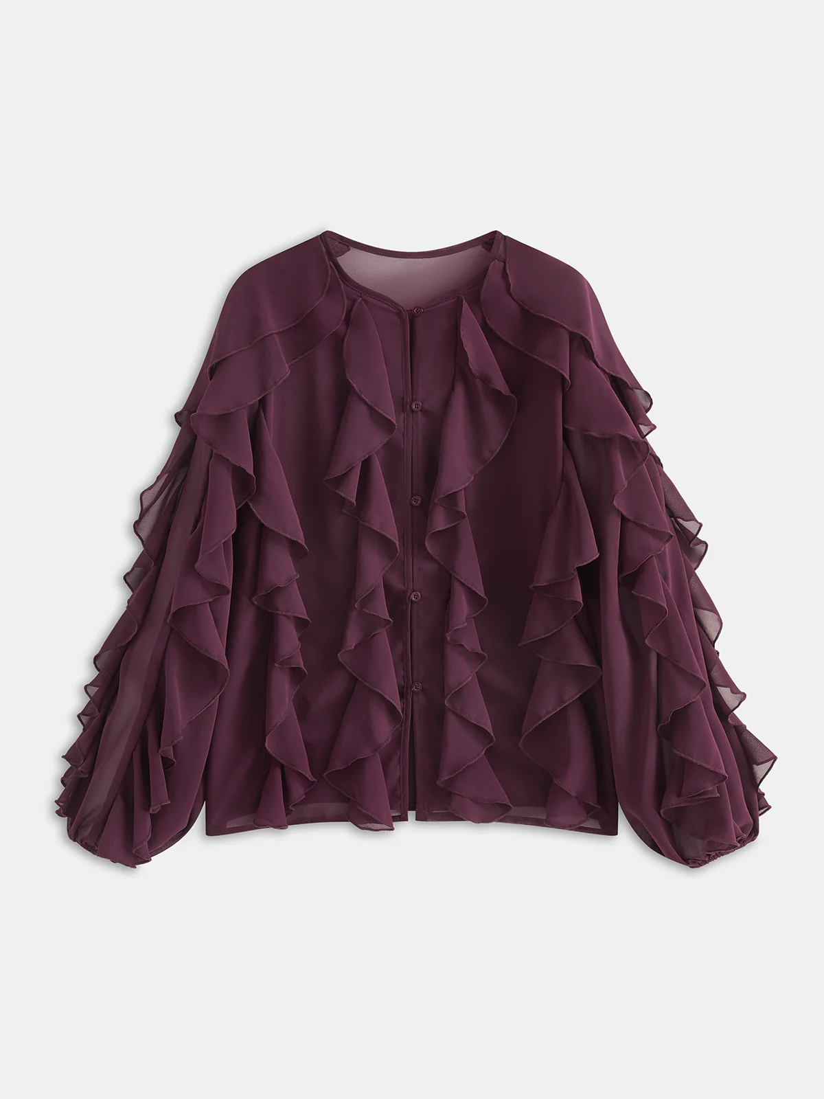 Semi-Sheer Chiffon Ruffled Long-Sleeve Blouse