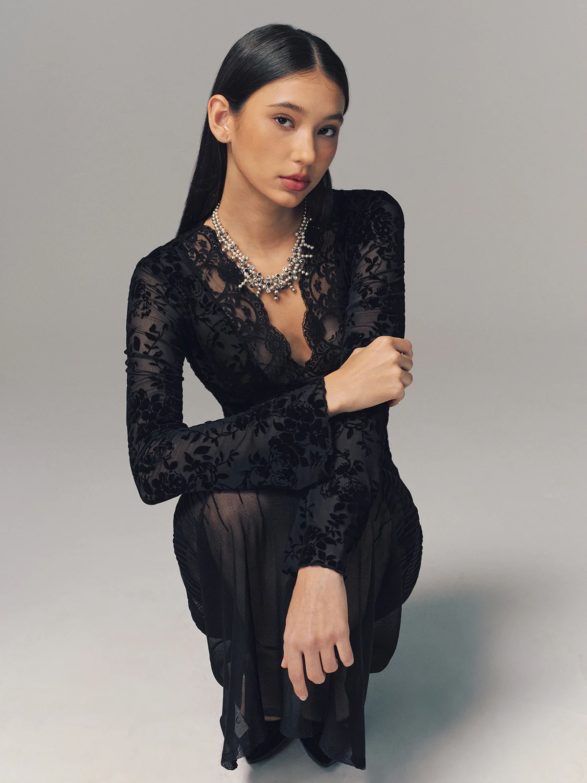 Semi-Sheer Lace V-Neck Blouse - Image 3