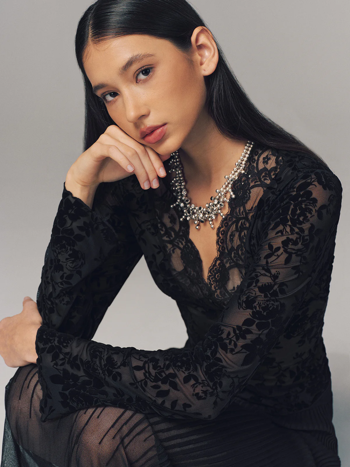 Semi-Sheer Lace V-Neck Blouse - Image 5
