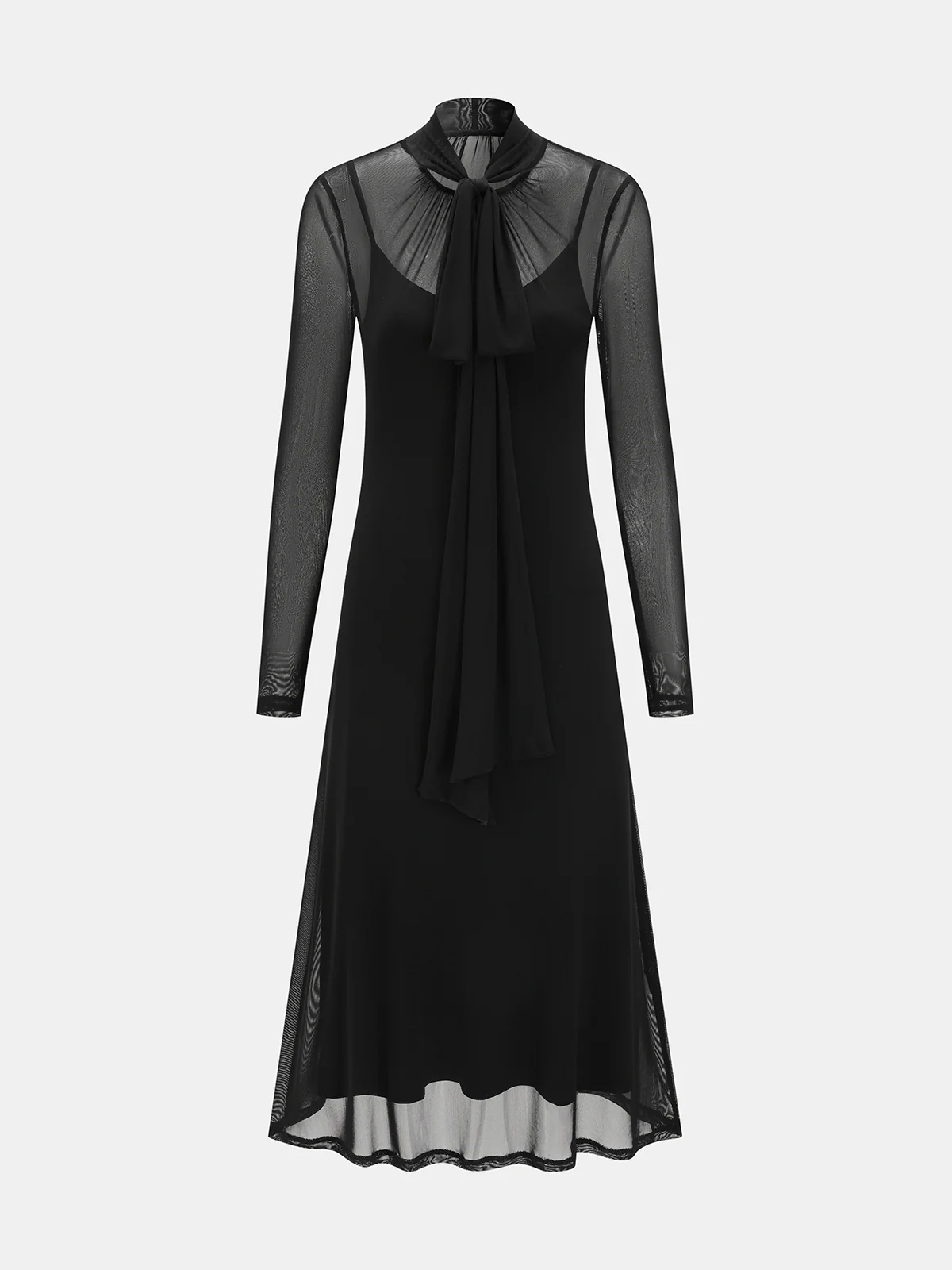 Semi-Sheer Mesh Tie-Neck Maxi Dress