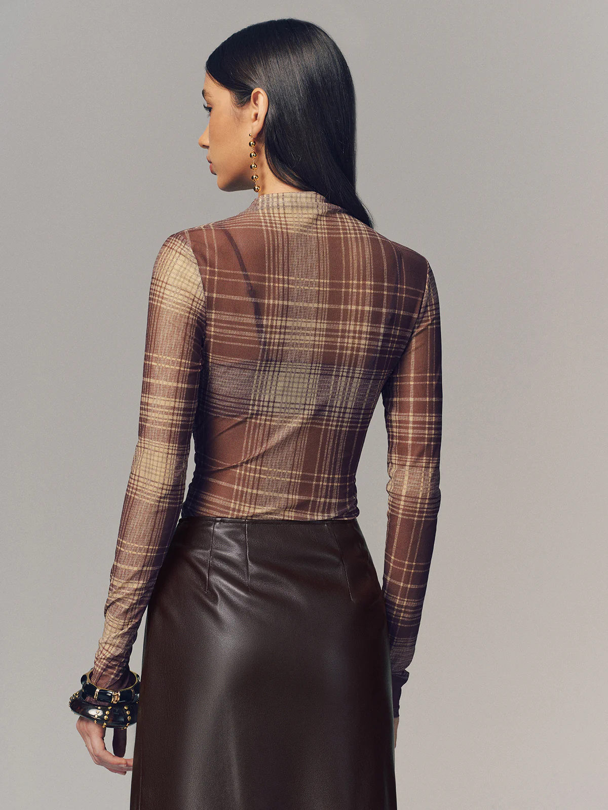 Semi-Sheer Plaid Mesh Top - Image 5