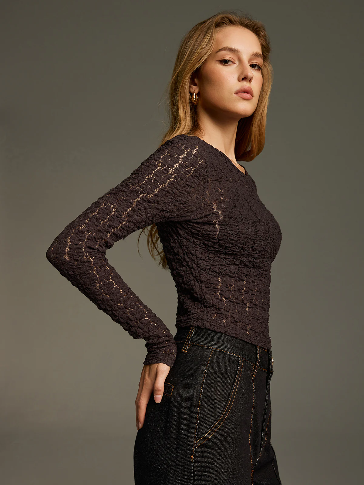 Sheer Lace Long-Sleeve Fitted Top - Image 5