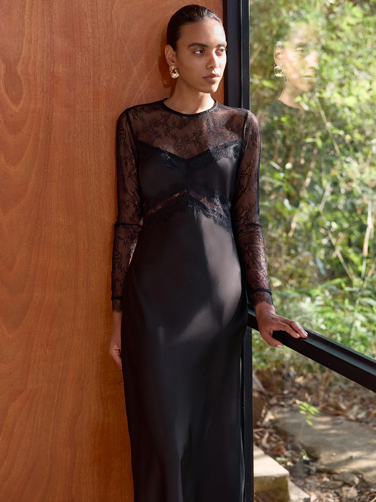 Sheer Lace Panel Satin Midi Dress - Image 3