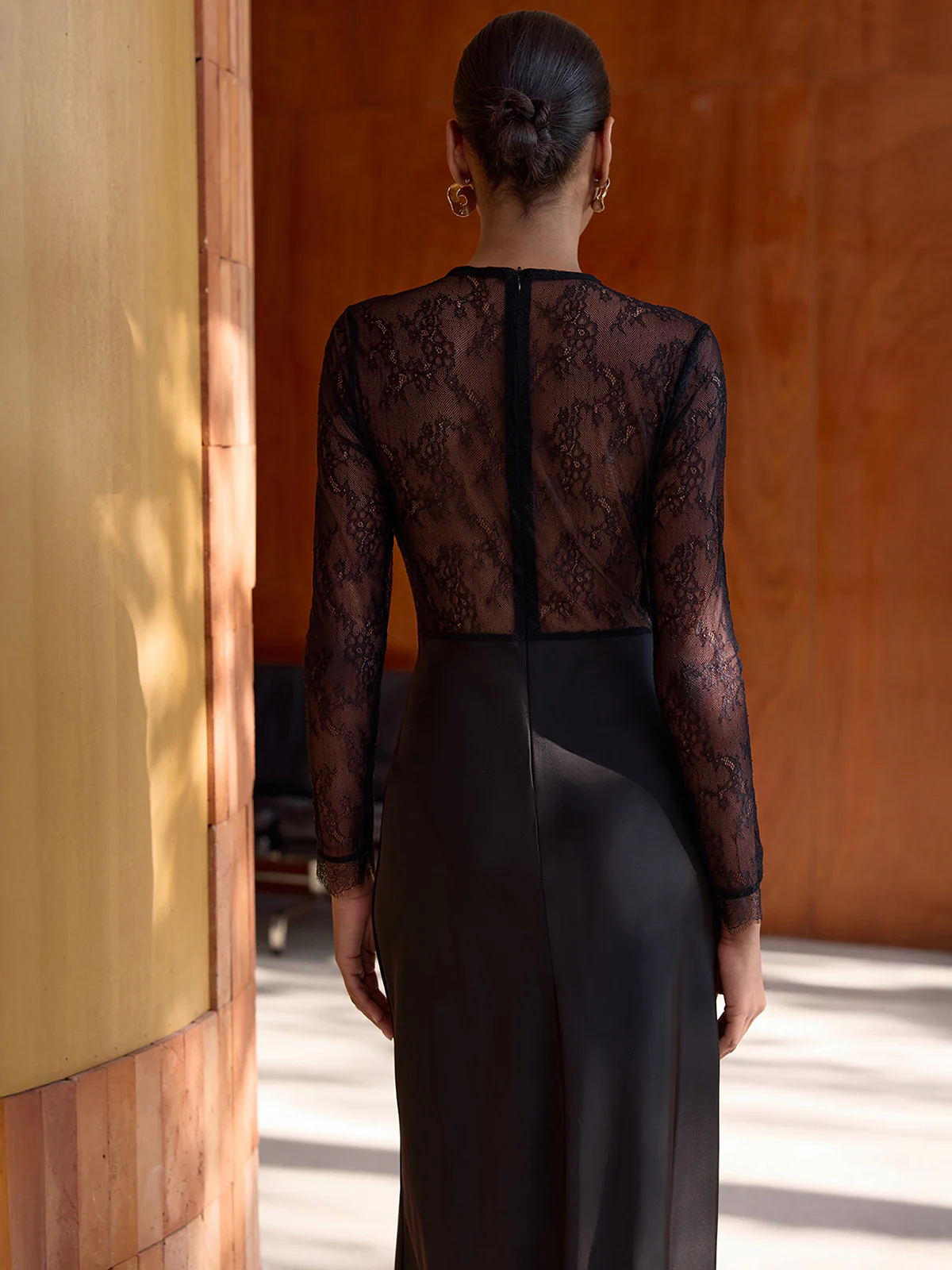 Sheer Lace Panel Satin Midi Dress - Image 8
