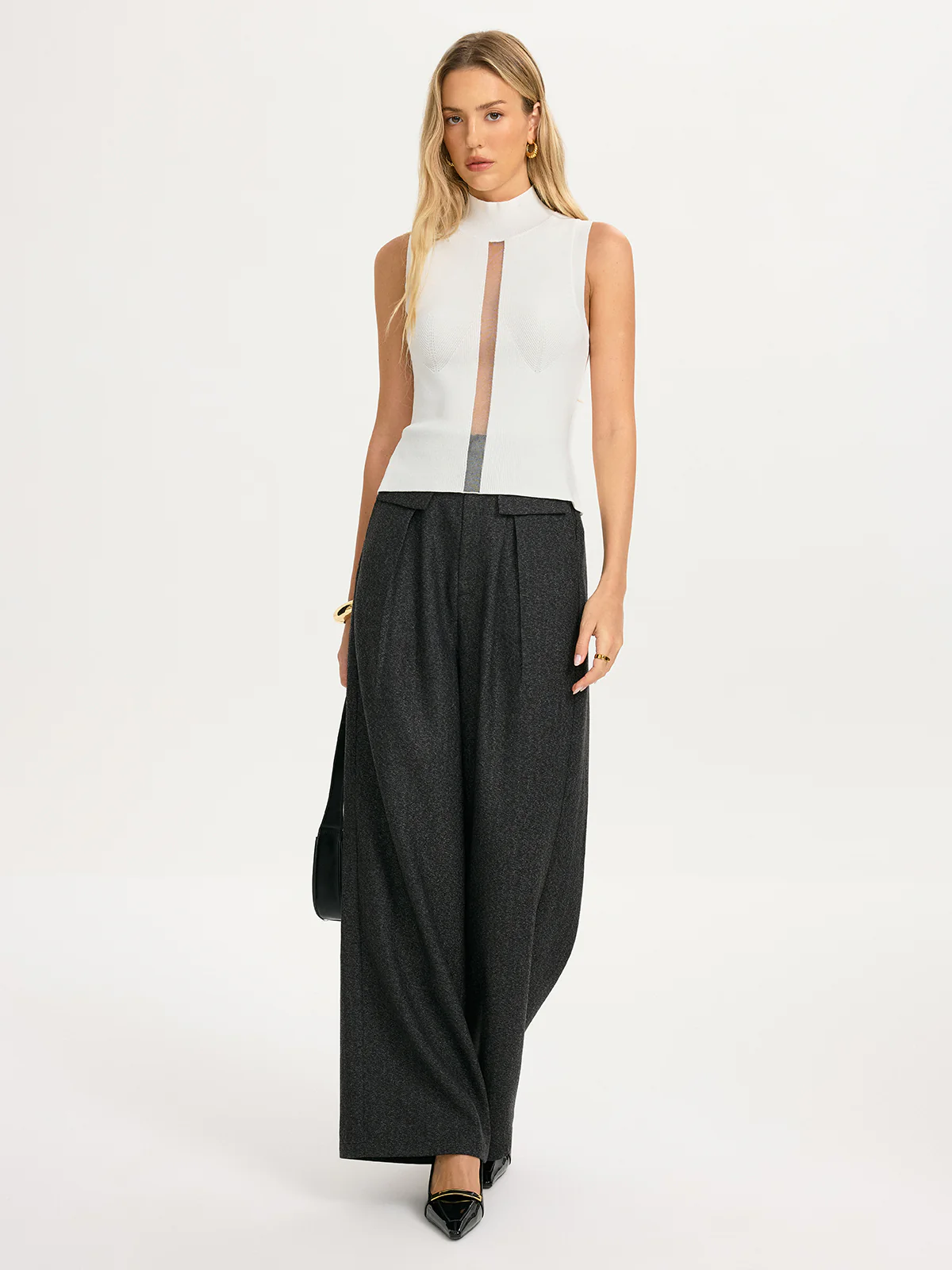 Sheer Panel Sleeveless Mock Neck Knit Top - Image 3