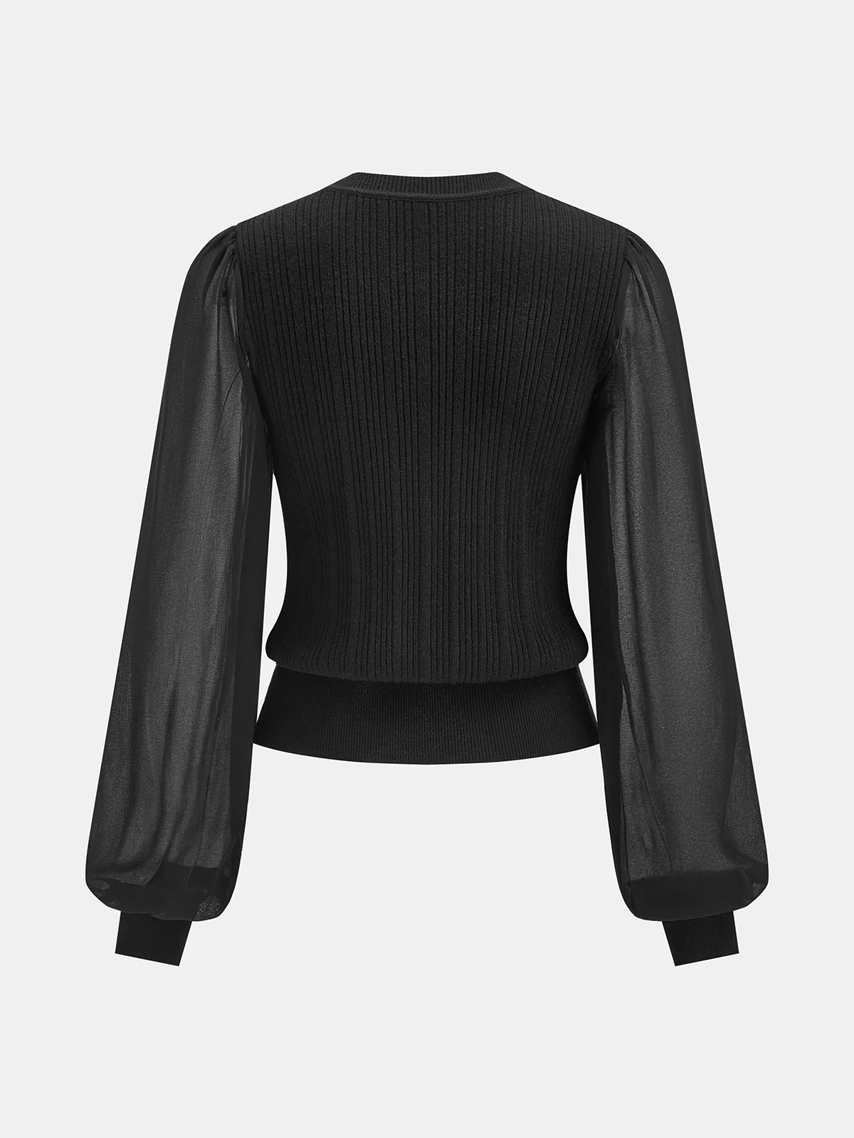 Sheer Sleeve Metal Button Ribbed Knit Cardigan - Image 2