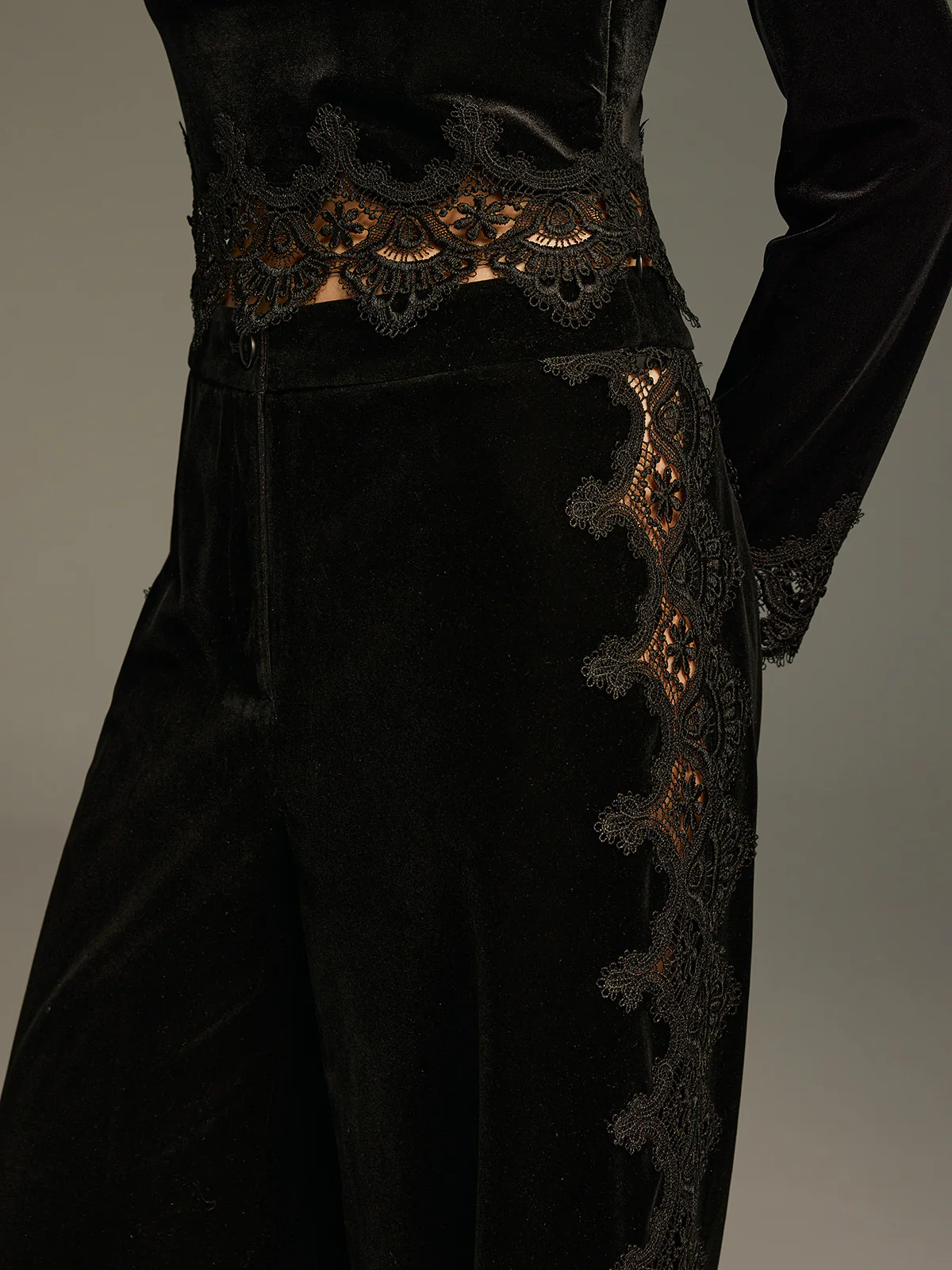 Side Lace Panel Velvet Straight-Leg Pants - Image 2