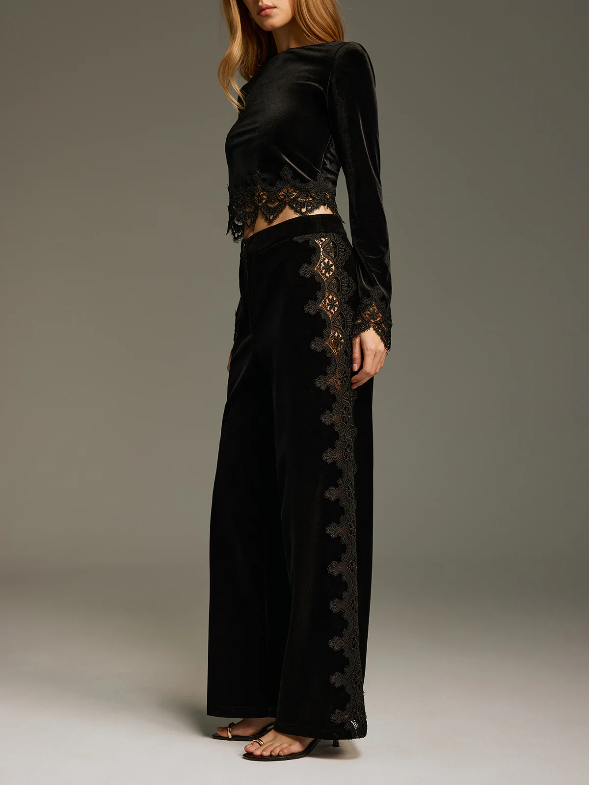 Side Lace Panel Velvet Straight-Leg Pants - Image 3