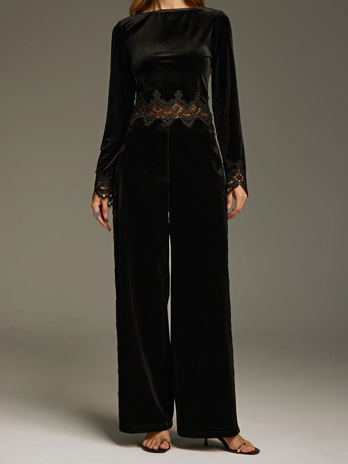 Side Lace Panel Velvet Straight-Leg Pants - Image 4
