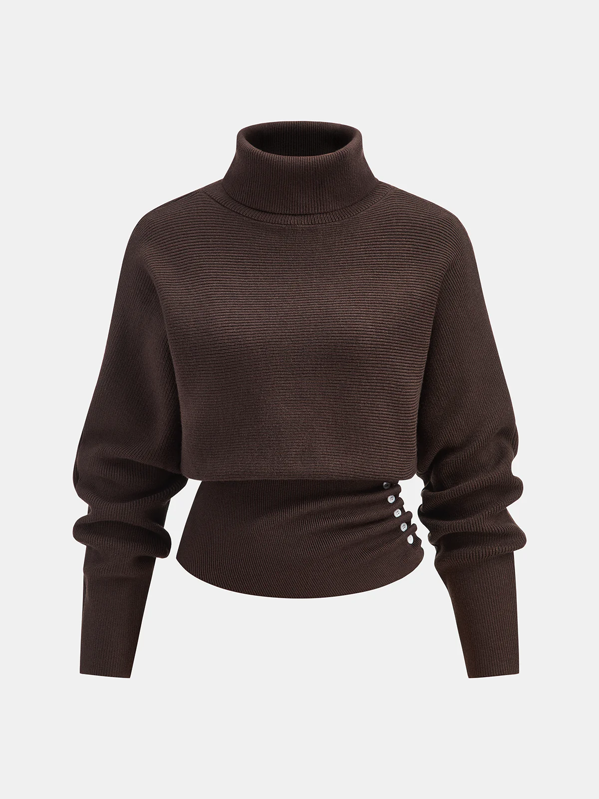 Side Pleats Turtleneck Cinched-Waist Knit Sweater