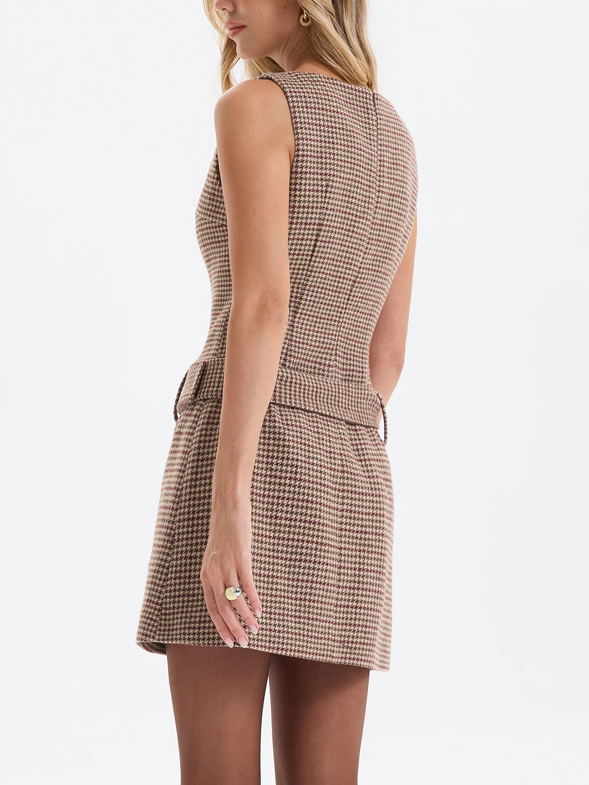 Sleeveless Belted Houndstooth Sheath Mini Dress - Image 6