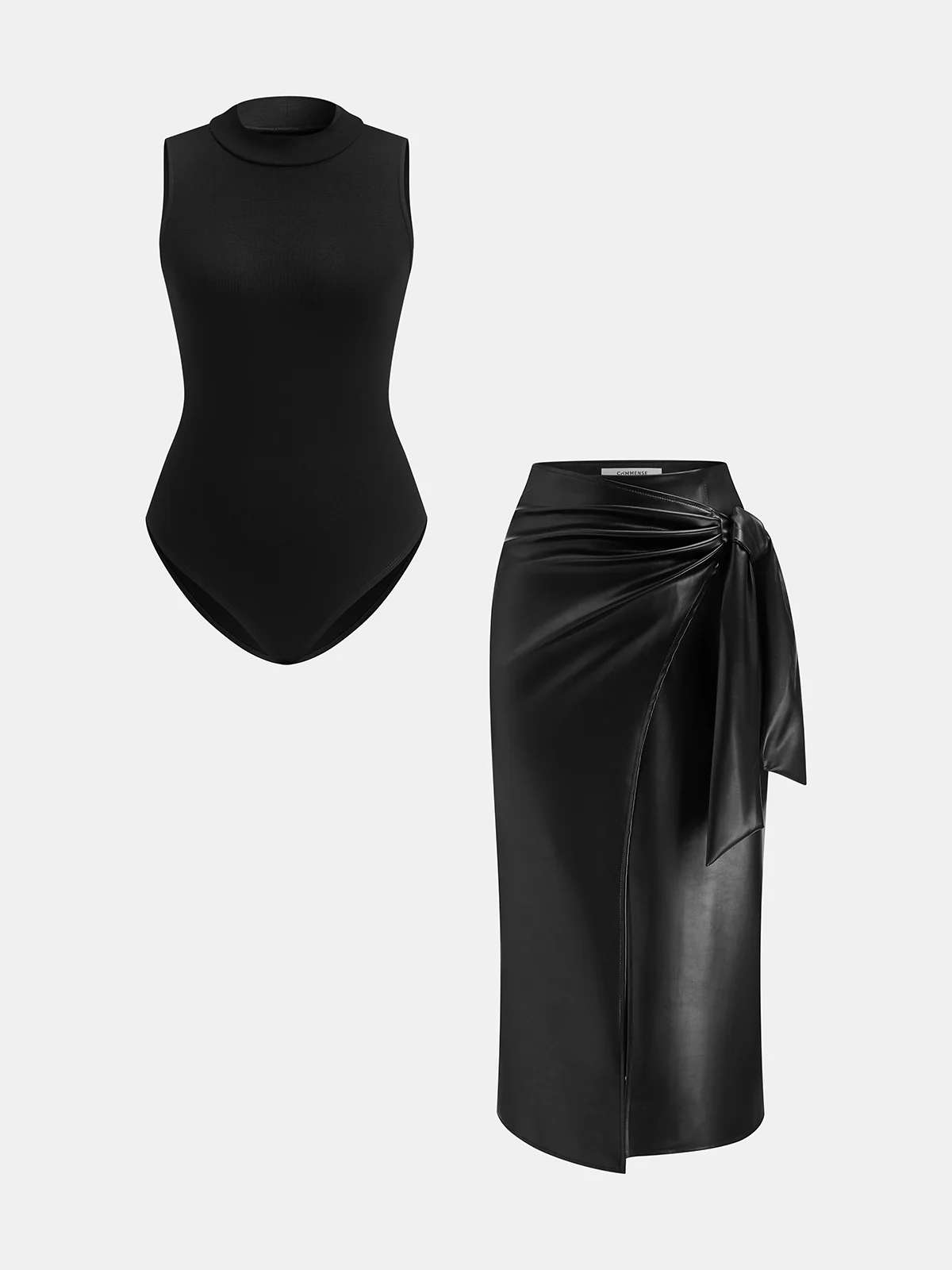 Sleeveless Bodysuit and Faux Leather Skirt Set - Image 2